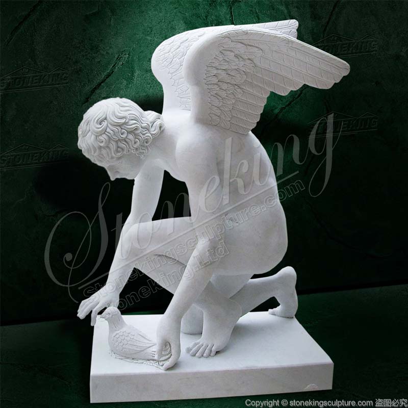Life Size Marble Nude Male Garden Angel Statue Kneeling with a bird for Outdoor Ornaments for sale 