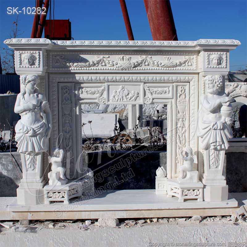 China Supplier Hand Carved Natural White Marble Fireplace Mantel with Greek Statues and Cherubs 