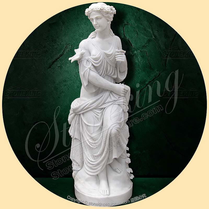 Outdoor Yard White Marble Woman Statue with bird for garden ornament direct supply  SK-10078