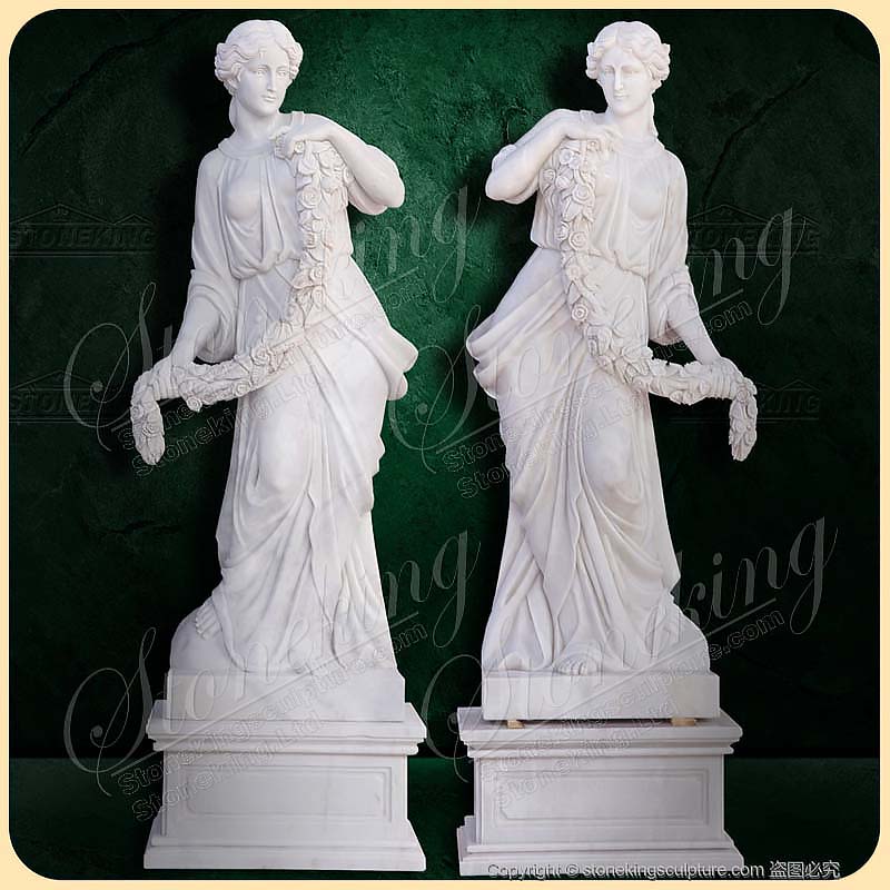 Large White Marble Outdoor Garden Female Statues holding garland of flowers for sale SK-10075