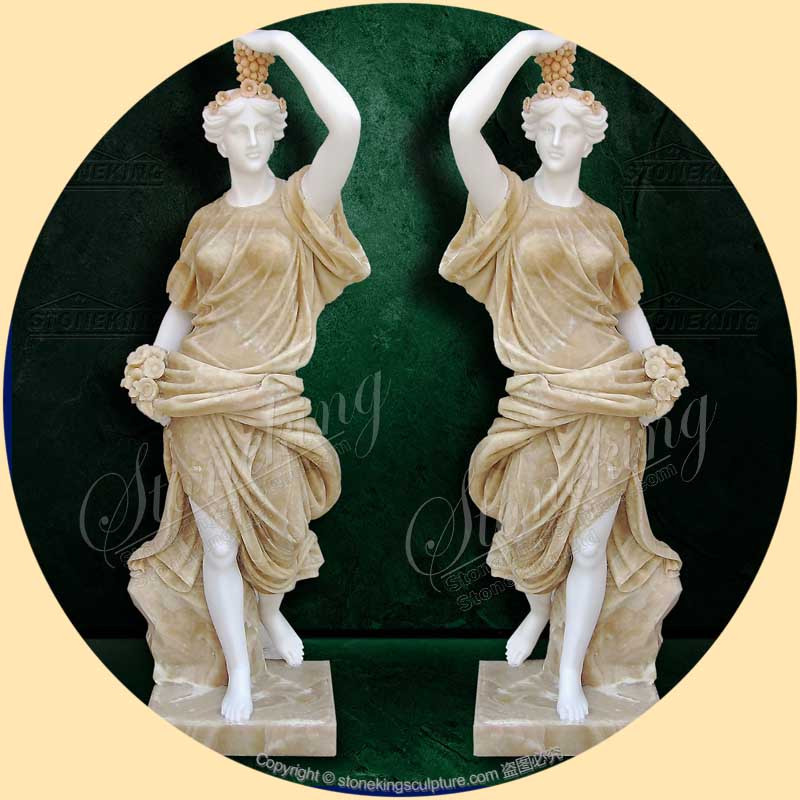 Supplier Outdoor Life Size Beige Marble Carving Female Statues for Lawn Decor SK-10060