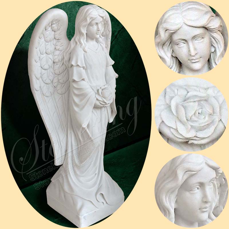 Life Size Memorial Marble Angel Statue Holding flower for Outdoor Garden Home Decor for sale SK-10011