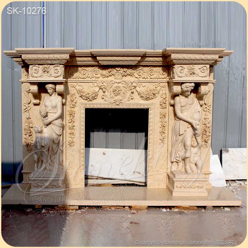 Luxurious Egyptian Beige Marble Fireplace Mantel with Grecian Woman Statues for home decoration for sale