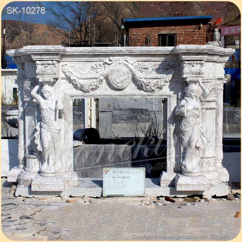 Custom Volokas White Marble Fireplace Mantel Ideas with Caryatid for Interior decoration of factory supply