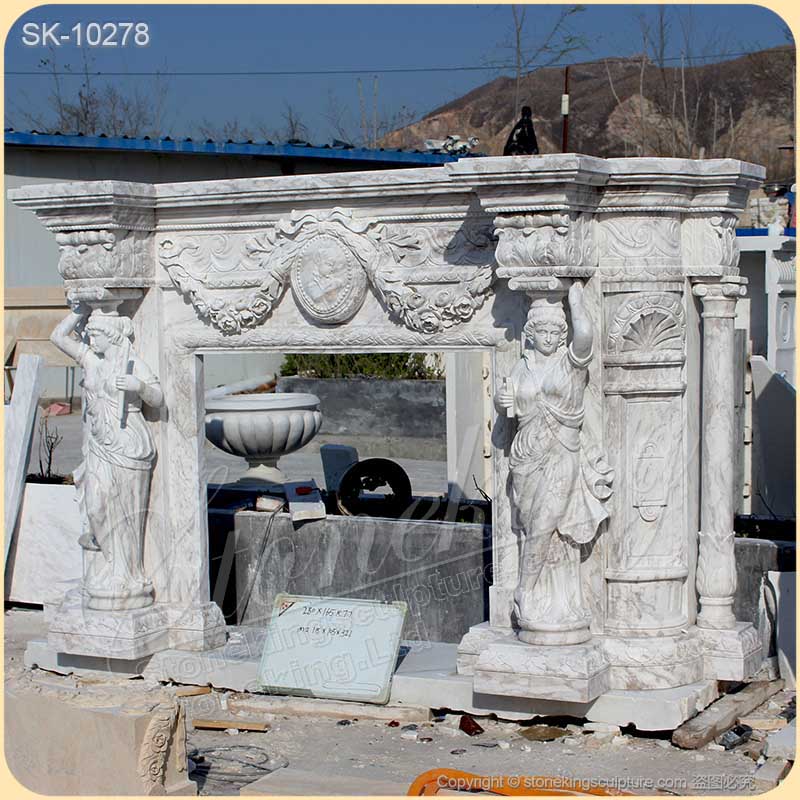 Custom Volokas White Marble Fireplace Mantel Ideas with Caryatid for Interior decoration of factory supply