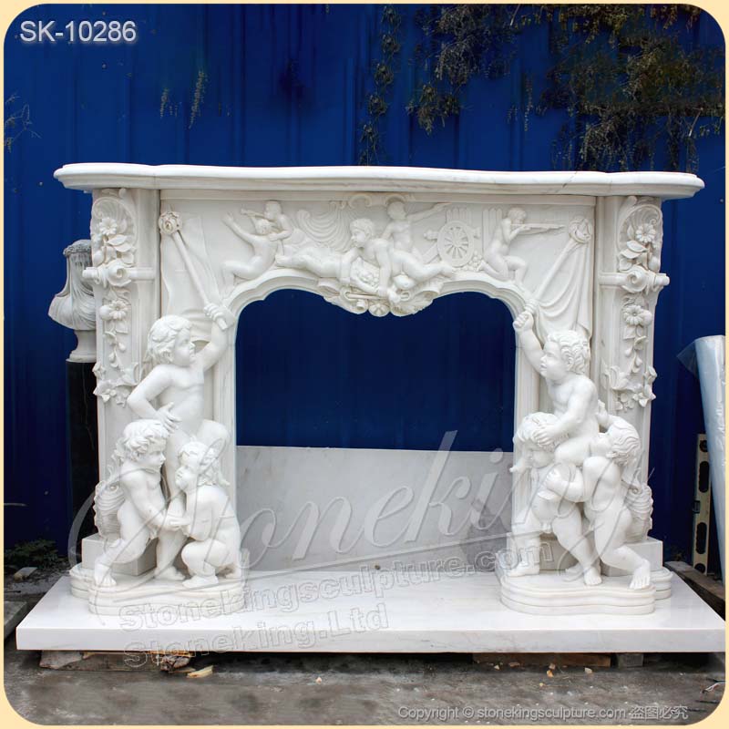 Manufacturer Hand Carved Majestic White Marble Custom Fireplace Mantel Shelf with Cherubs