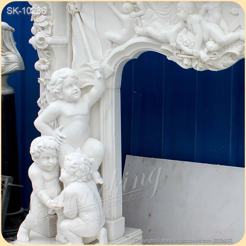 Manufacturer Hand Carved Majestic White Marble Custom Fireplace Mantel Shelf with Cherubs