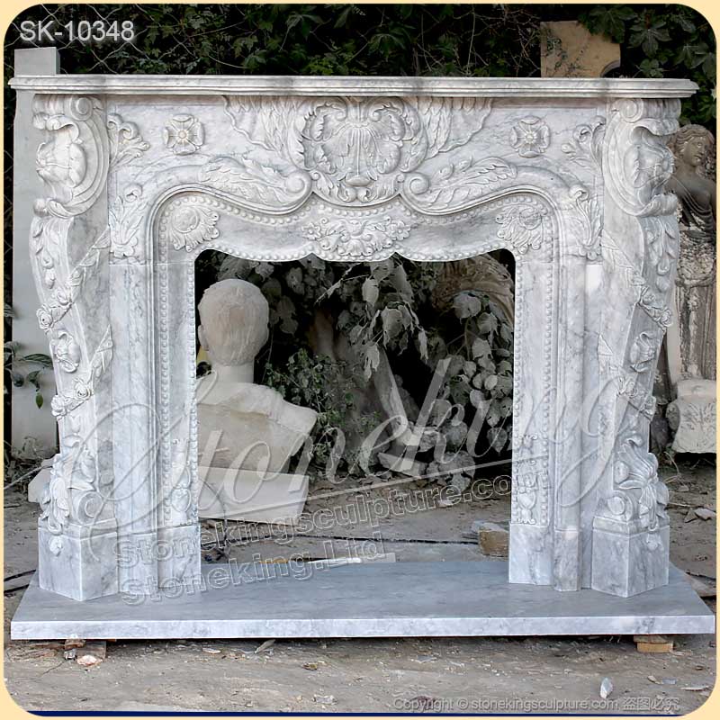 Manufacturer French Style Natural Marble Antique Fireplace Surround with Acanthus and floral motif for sale