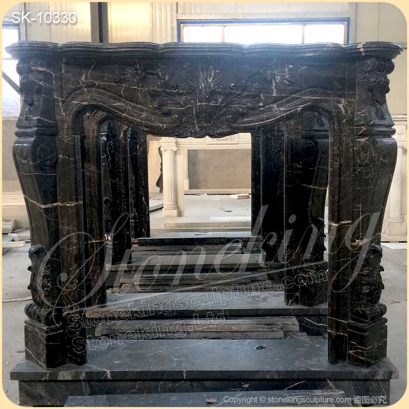 Hand Carved Classic Nero Marquina Black Marble Fireplace Surround Ideas for living room decor for sale