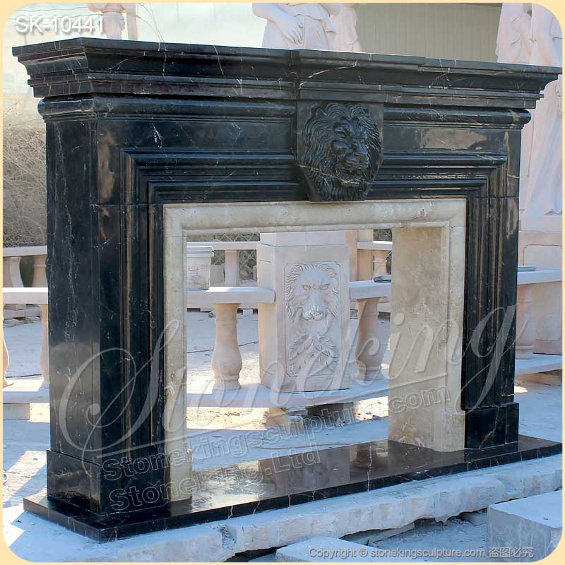 Factory Supply Modern Bolection Nero Marquina Marble Black Fireplace Surround with Lion Head for sale