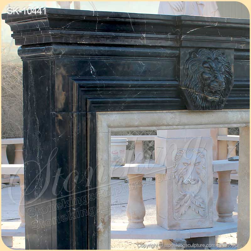 Factory Supply Modern Bolection Nero Marquina Marble Black Fireplace Surround with Lion Head for sale