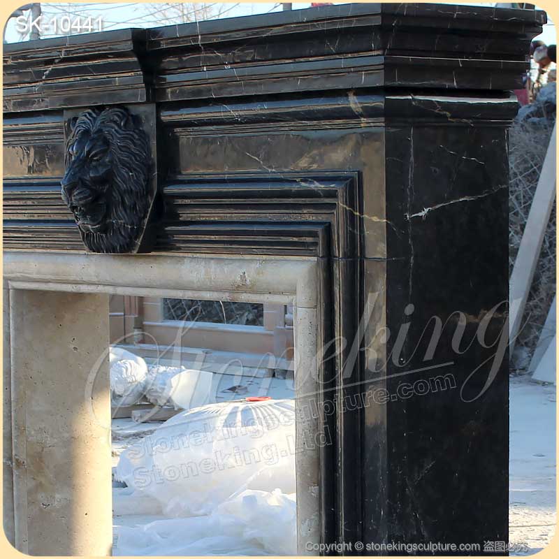 Factory Supply Modern Bolection Nero Marquina Marble Black Fireplace Surround with Lion Head for sale