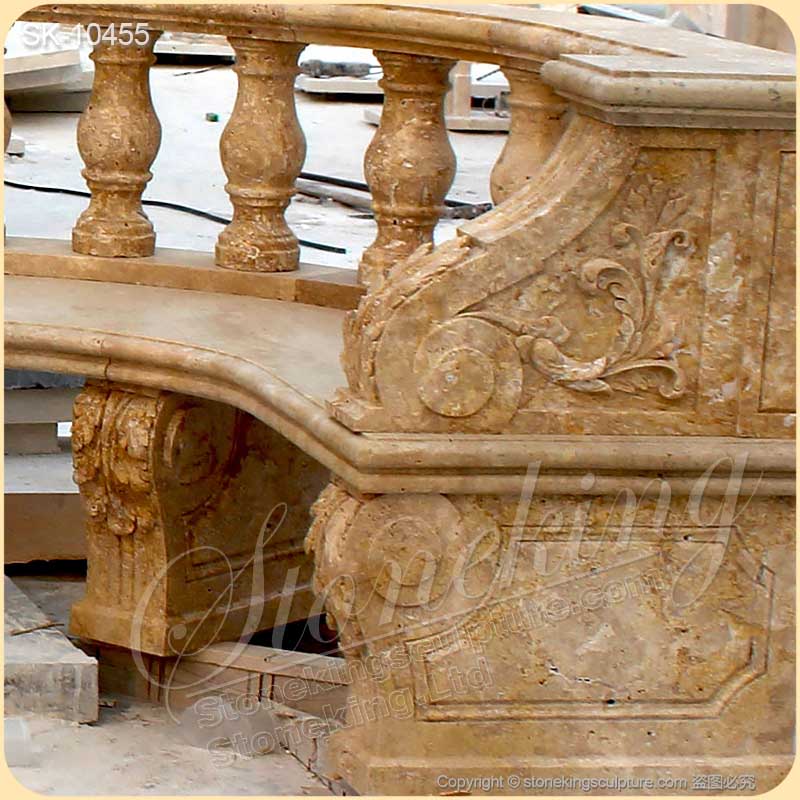 Top Quality Large Semi Circle Natural Travertine Stone Garden Bench Seat with balustrade for sale