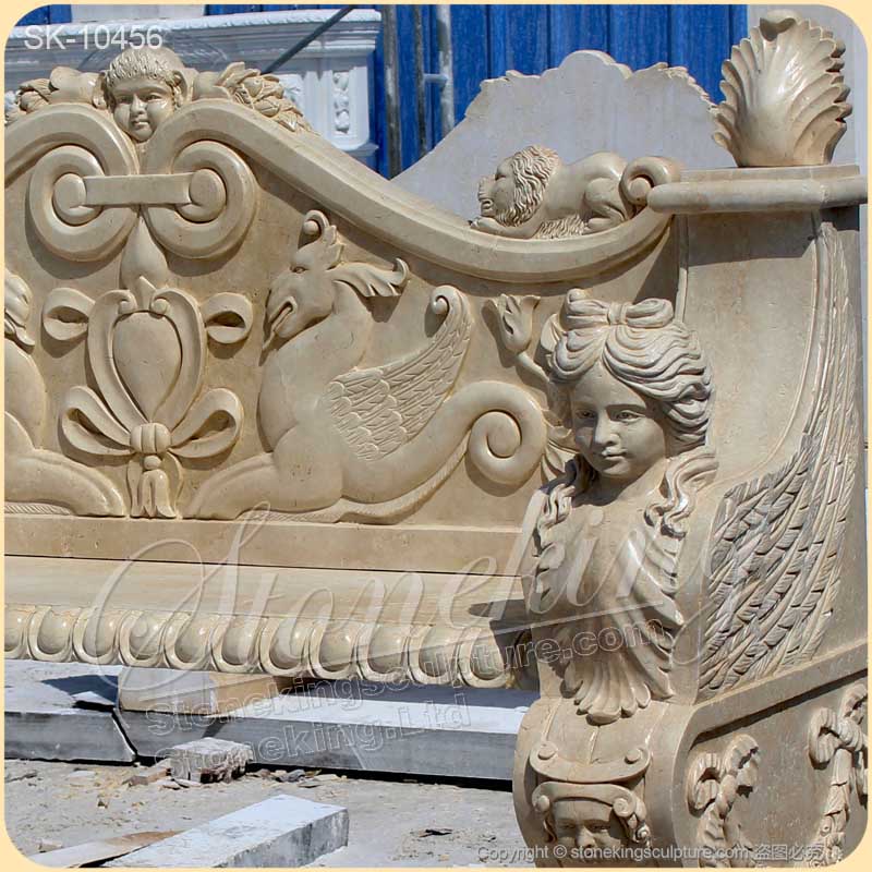 Beautiful Handcrafted Natural Beige Marble Bench for outdoor garden decoration and courtyard for sale