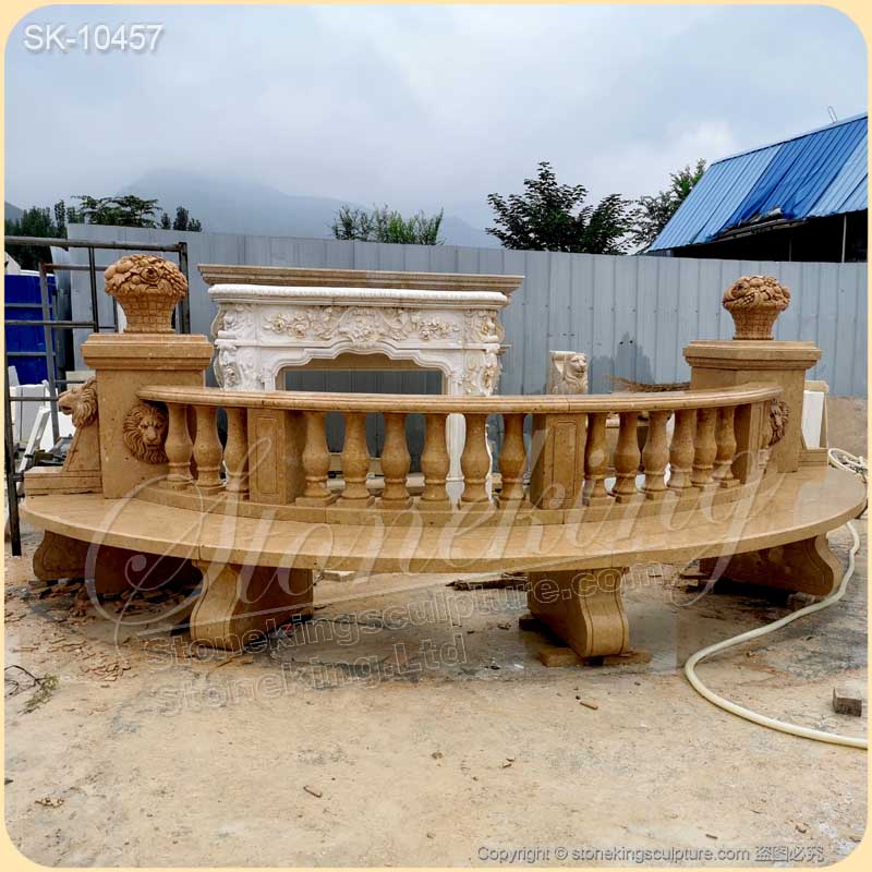 Outdoor Extra Long Natural Yellow Marble Semi Circle Bench with lion heads and balusters for sale