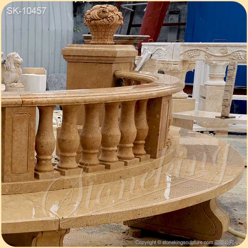 Outdoor Extra Long Natural Yellow Marble Semi Circle Bench with lion heads and balusters for sale