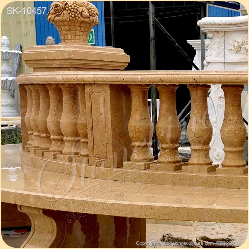 Outdoor Extra Long Natural Yellow Marble Semi Circle Bench with lion heads and balusters for sale