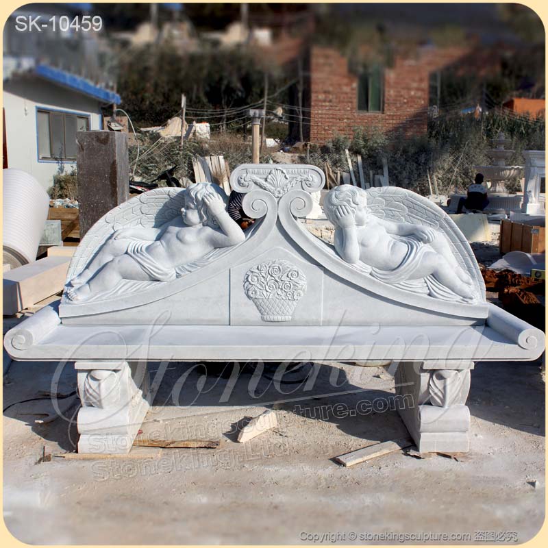 Manufacturer Natural White Marble Outdoor Park Bench Seat with Cherub Sculptures for sale