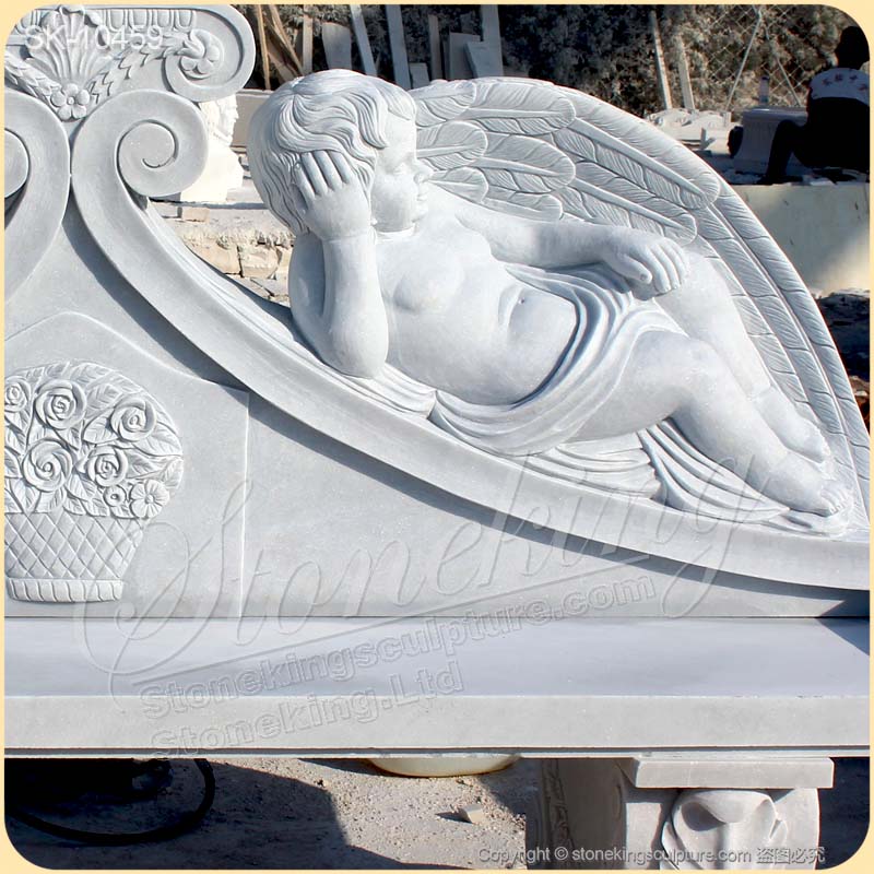 Manufacturer Natural White Marble Outdoor Park Bench Seat with Cherub Sculptures for sale