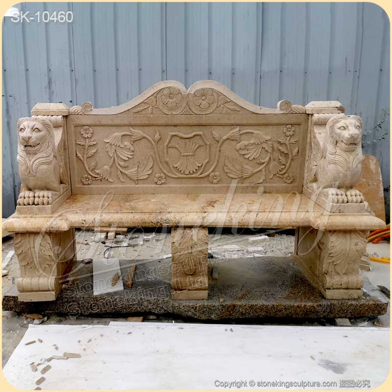 Hot Selling Natural Travertine Stone Outdoor Bench with Winged Lions for garden and home decoration