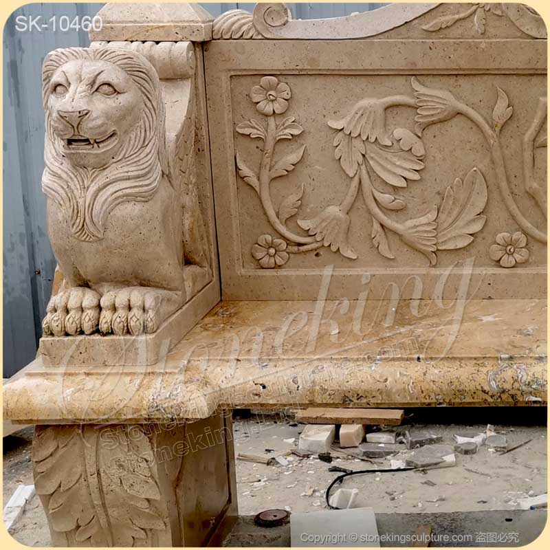 Hot Selling Natural Travertine Stone Outdoor Bench with Winged Lions for garden and home decoration