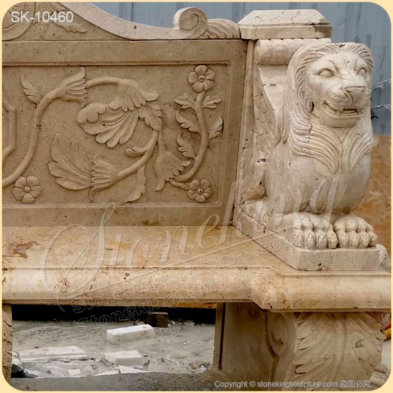 Hot Selling Natural Travertine Stone Outdoor Bench with Winged Lions for garden and home decoration