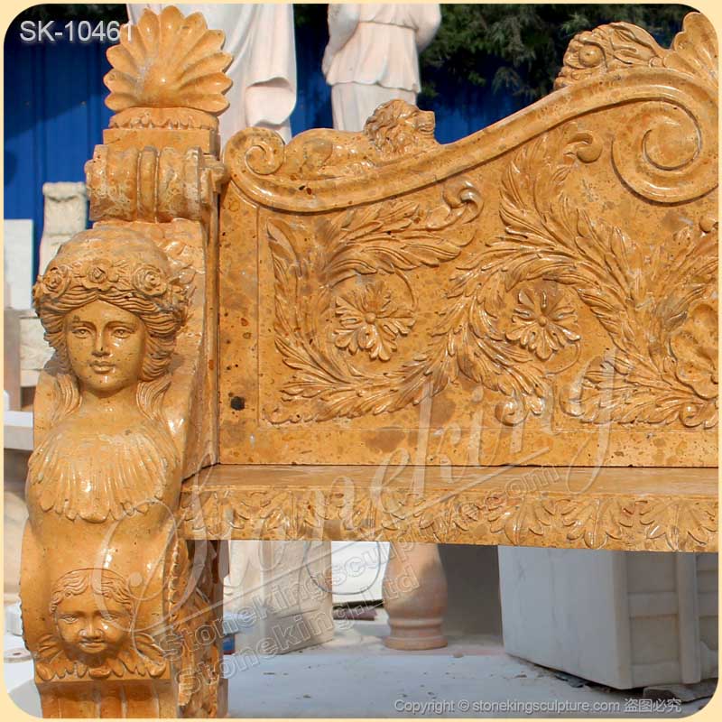 Factory Price Hand Carved Natural Yellow Marble Outdoor Bench with Sphinx for park or courtyard for sale