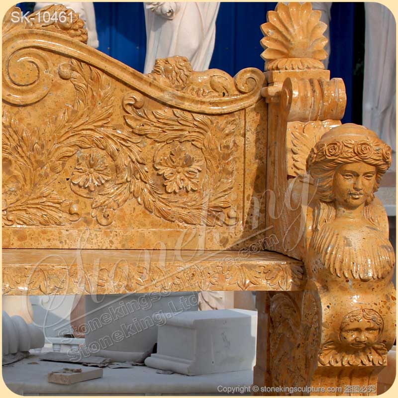 Factory Price Hand Carved Natural Yellow Marble Outdoor Bench with Sphinx for park or courtyard for sale