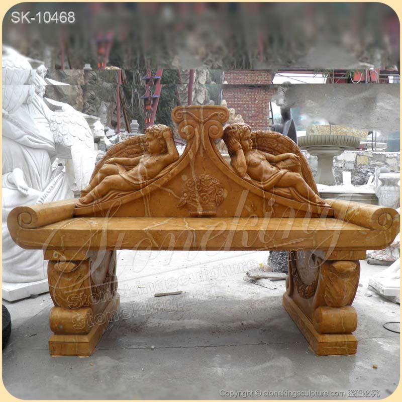 Factory Supply Hand Carved Yellow Marble Outdoor Decorative Garden Bench with Angels for sale