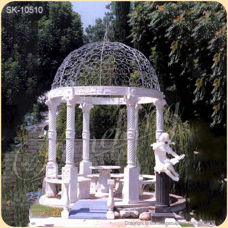 Wholesale Best White Marble Outdoor Garden Gazebo with Columns and Iron Dome for sale