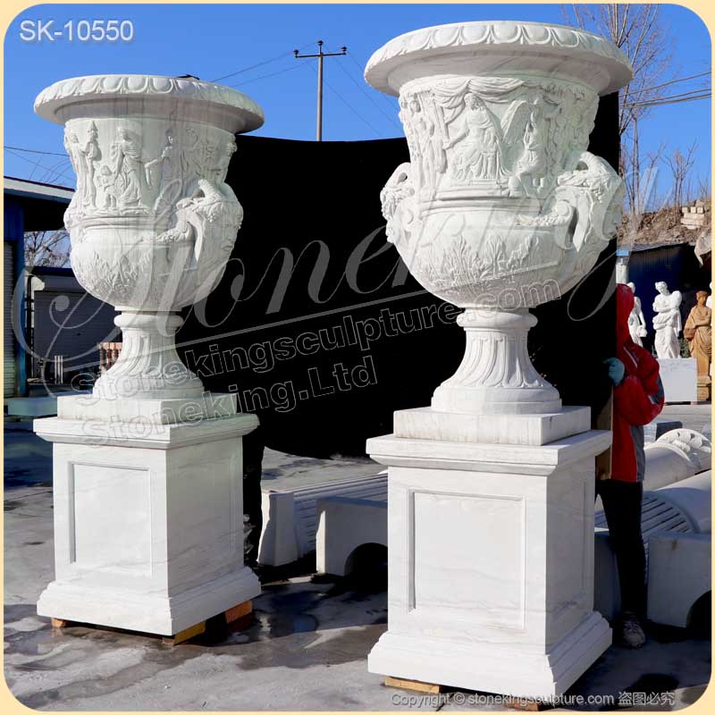 Factory Supplier Hand Carved White Marble Extra Large Plant Pots Outdoor Decor for sale