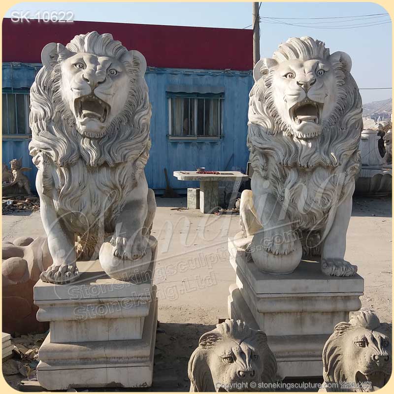 Hand Carved White Marble Lion Statues for Home and Outdoor Decoration for sale