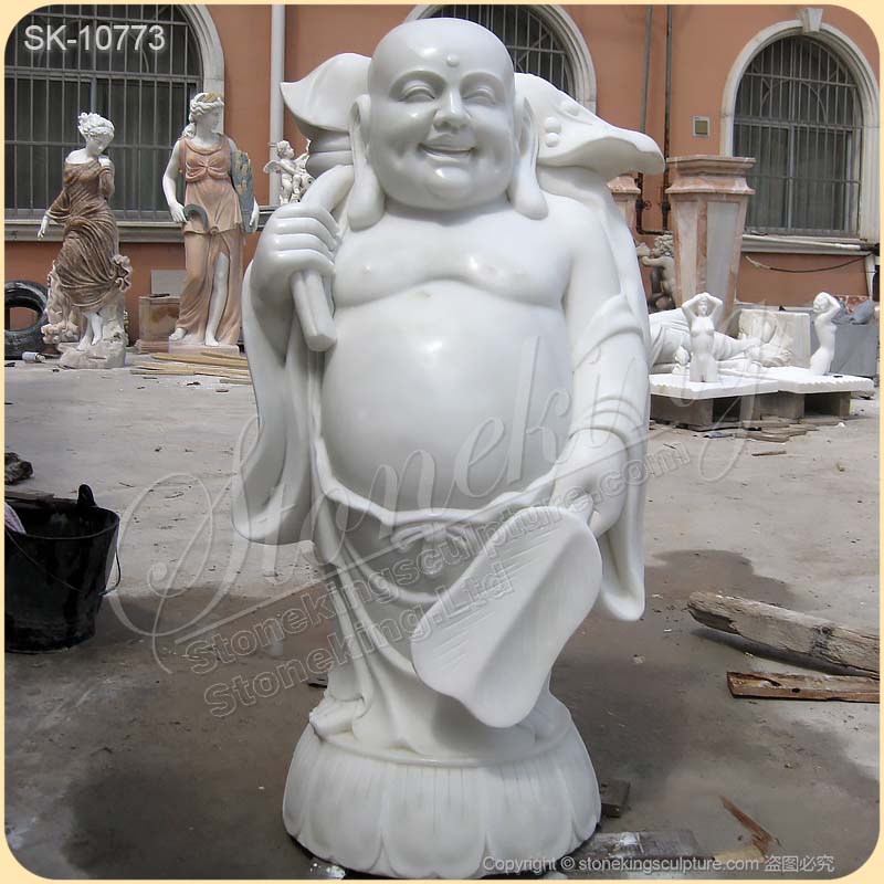 Factory Direct Supply White Marble Standing Happy Buddha Statue for Outdoor Decor for sale