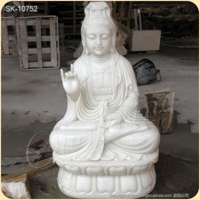 Outdoor Hand Carved White Marble Seated Guanyin Statue for Garden and Home Decor for sale