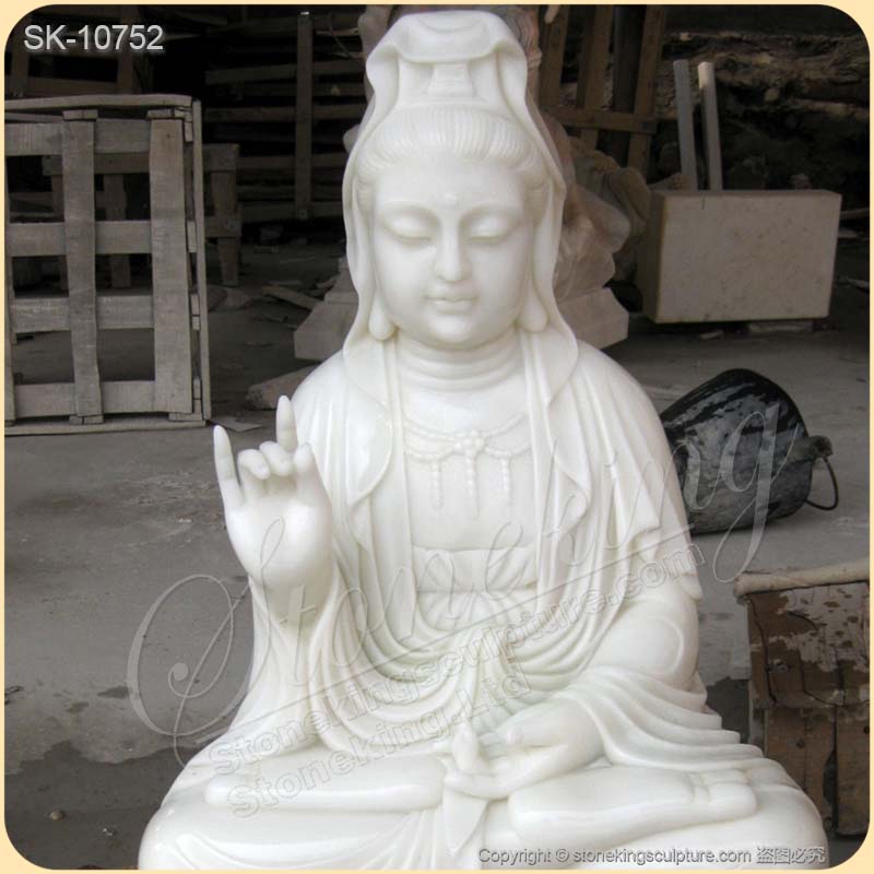 Outdoor Hand Carved White Marble Seated Guanyin Statue for Garden and Home Decor for sale