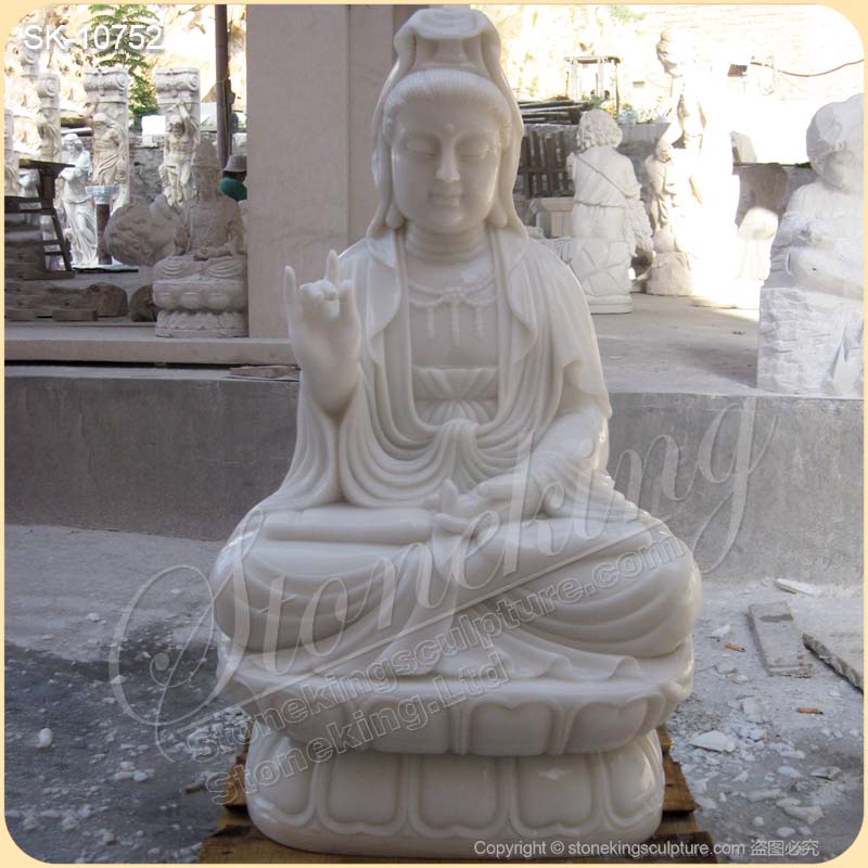 Outdoor Hand Carved White Marble Seated Guanyin Statue for Garden and Home Decor for sale