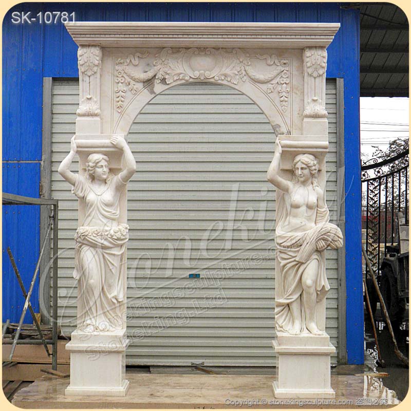 Factory Supply Hand Carved White Marble Arch Doorway with Woman Caryatid Sculptures for sale