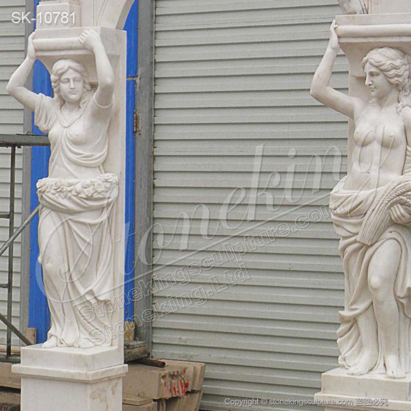 Factory Supply Hand Carved White Marble Arch Doorway with Woman Caryatid Sculptures for sale