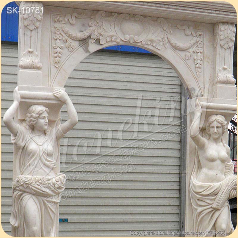 Factory Supply Hand Carved White Marble Arch Doorway with Woman Caryatid Sculptures for sale