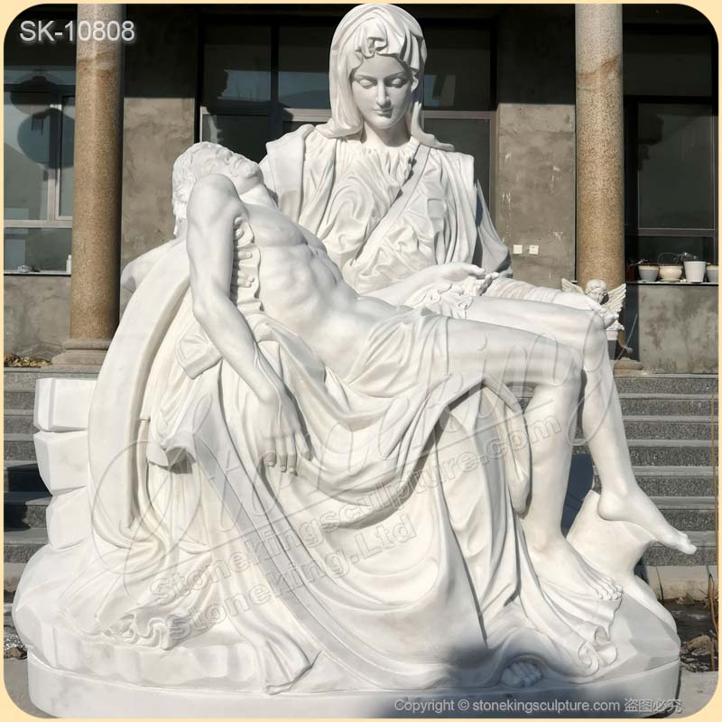 Hand Carved Life Size White Marble Pieta Statue by Michelangelo for Church for sale