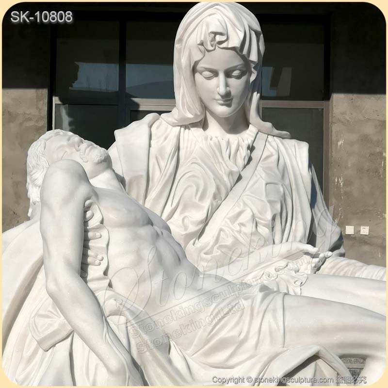 Hand Carved Life Size White Marble Pieta Statue by Michelangelo for Church for sale