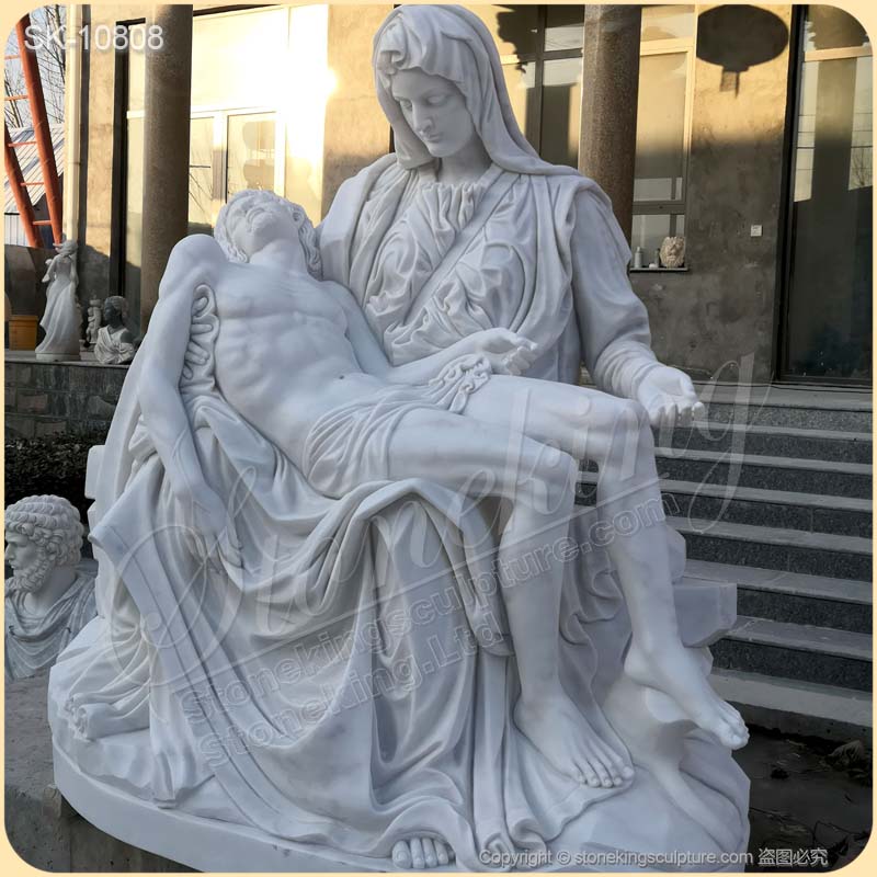 Hand Carved Life Size White Marble Pieta Statue by Michelangelo for Church for sale