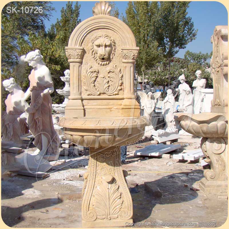 Factory Price Outdoor Yellow Marble Lion Wall Fountain for Garden and Patio for sale