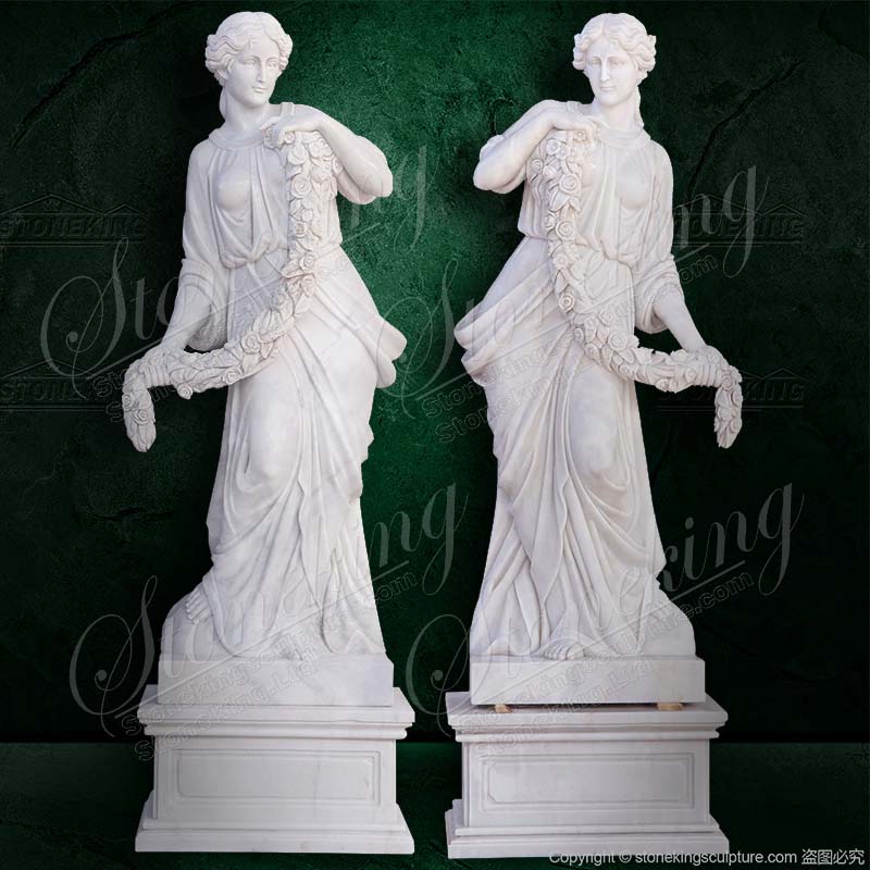 Large White Marble Outdoor Garden Female Statues holding garland of flowers for sale 