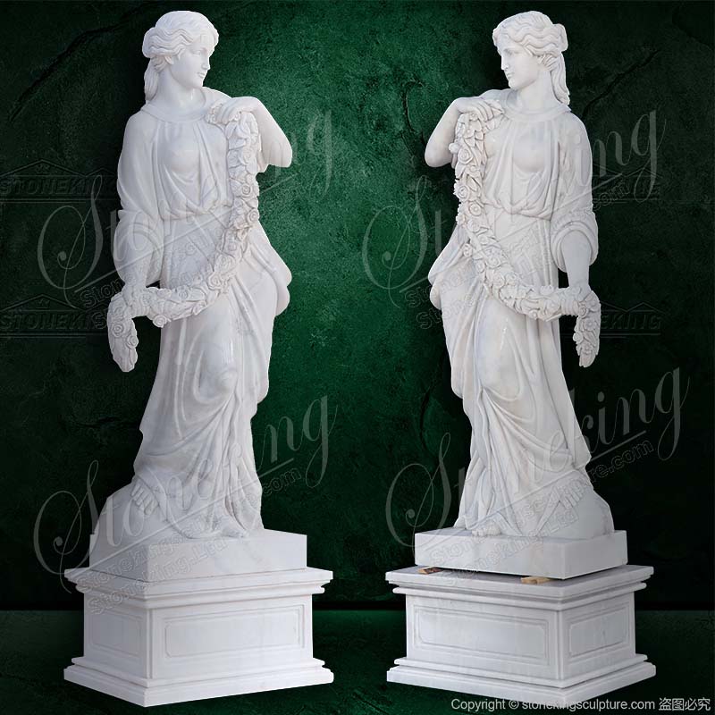 Large White Marble Outdoor Garden Female Statues holding garland of flowers for sale 