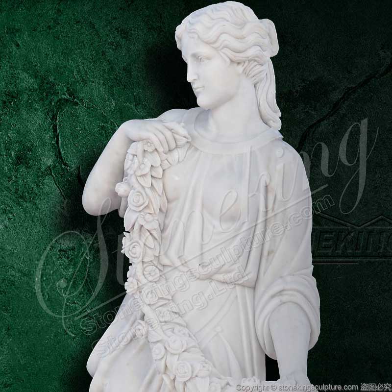 Large White Marble Outdoor Garden Female Statues holding garland of flowers for sale 