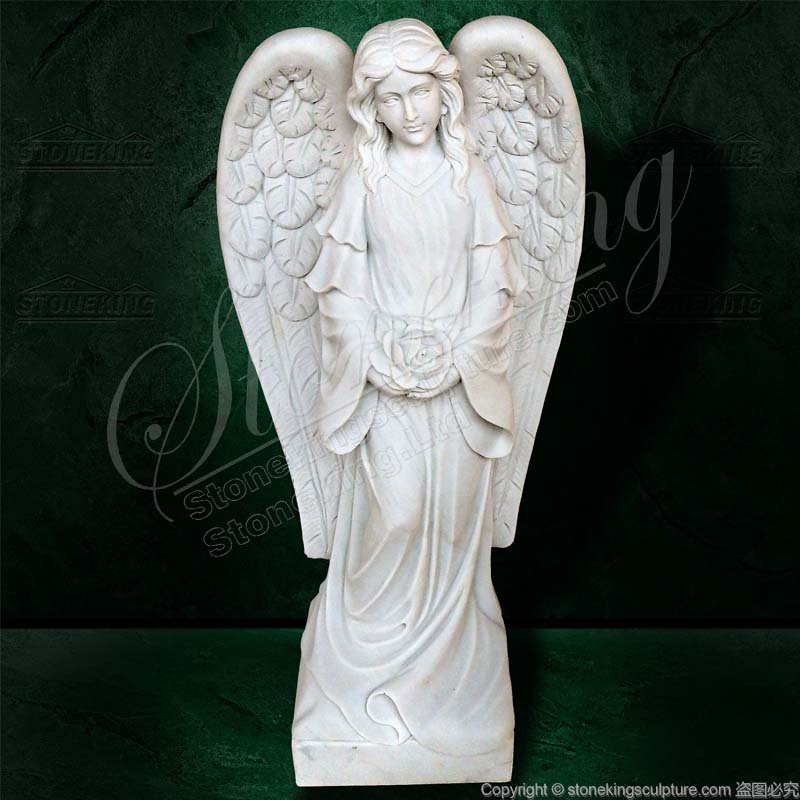 Life Size Memorial Marble Angel Sculpture Holding flower for Outdoor Garden Home Decor manufacturer