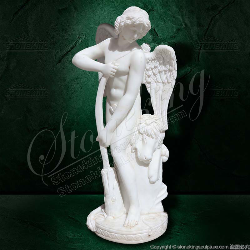 Marble Garden Angel Statue of Cupid Carving his Bow from the Club of Hercules for outdoor decor 