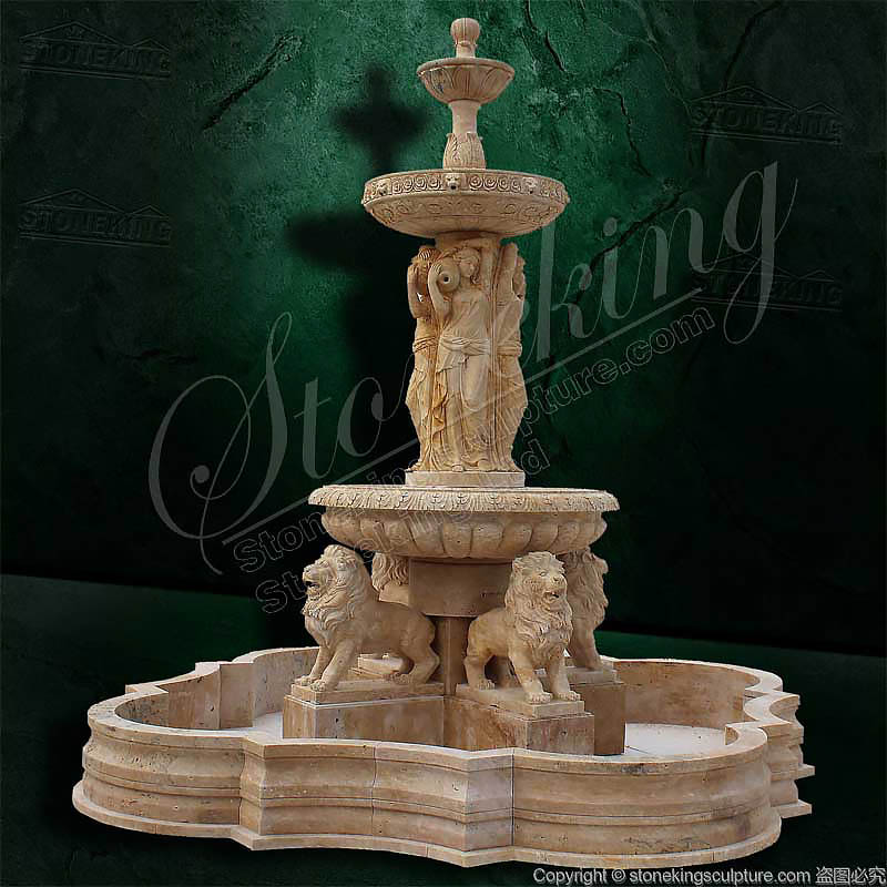 Large Patio Hand Carved Stone Water Fountain with Woman Sculptures and Lions factory price for sale 