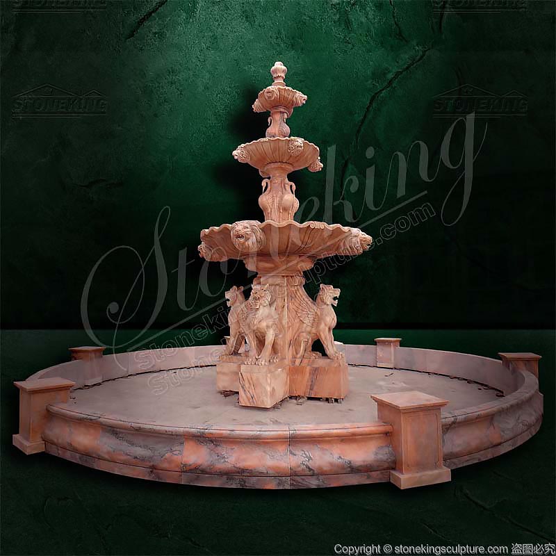 Outdoor Tiered Marble Water Fountain with Winged lions for front yard or garden landscape